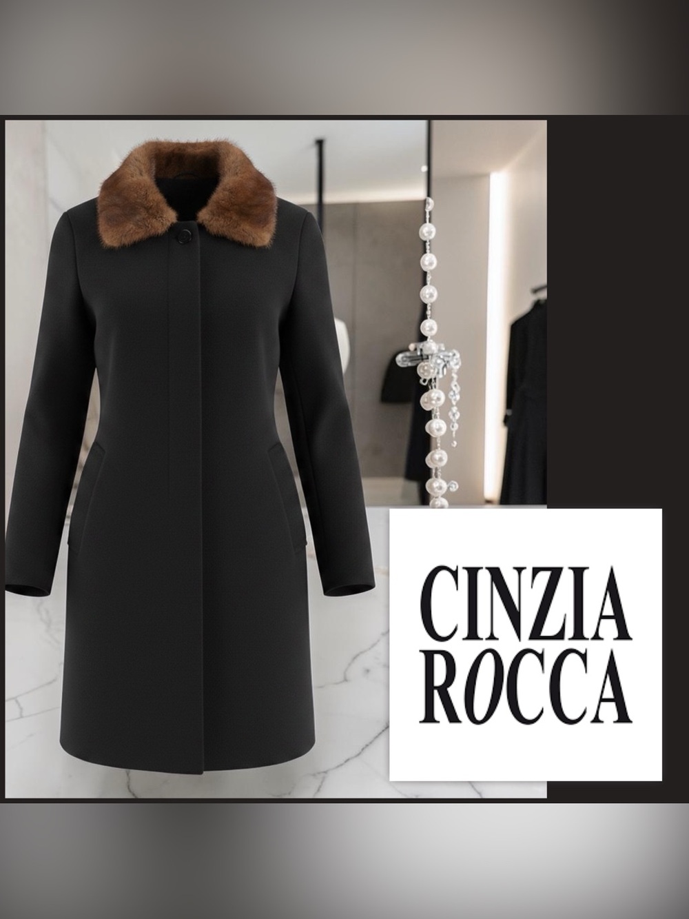 Cinzia Rocca Vintage Black Wool Coat with Brown Mink Collar sz 18